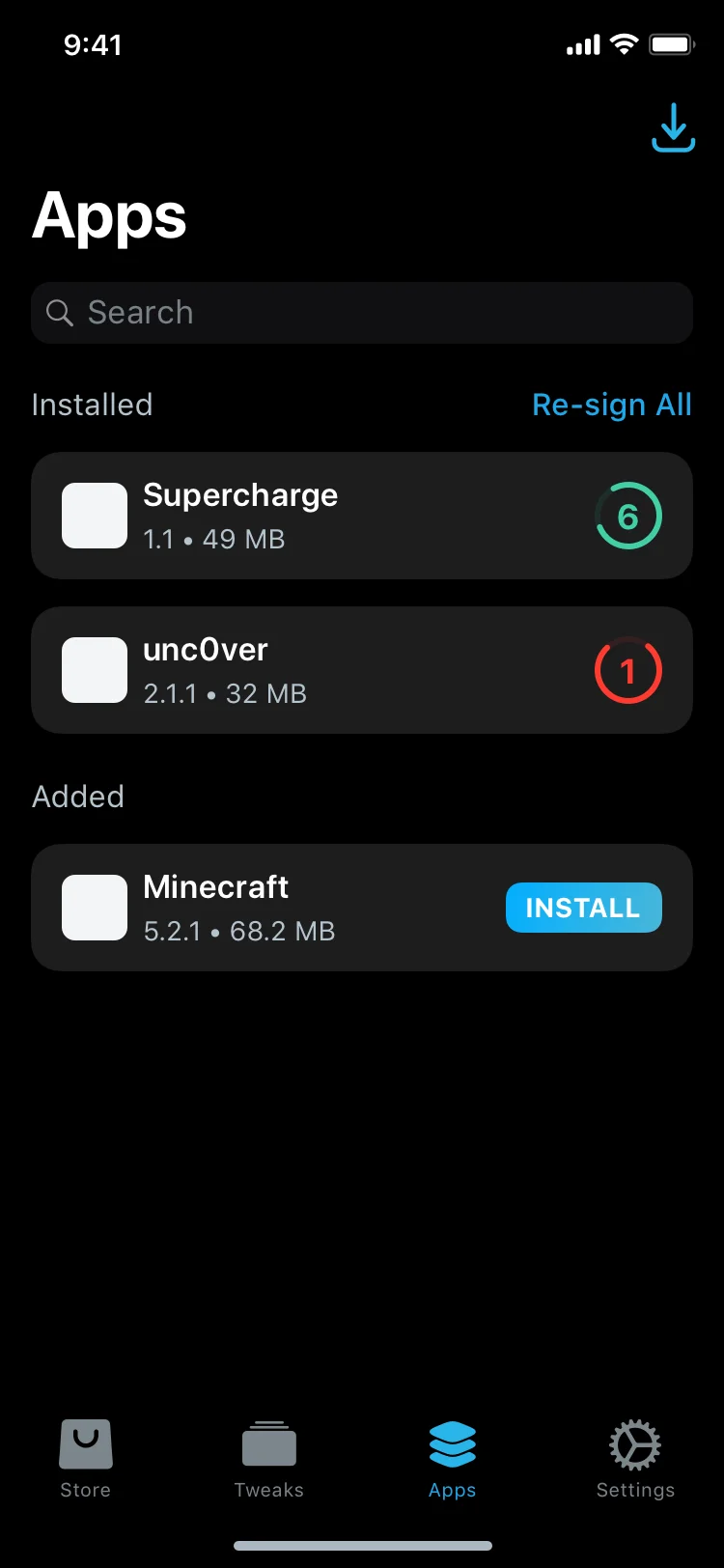 Screenshot of Supercharge's Apps tab